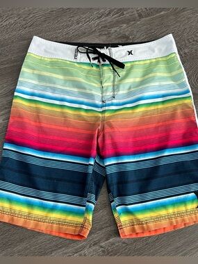 Hurley Men’s Multicolor Stripe Swim Board Shorts - White Waistband Sz 34